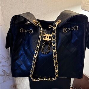 Black Quilted Shoulder Bag with Gold Chain